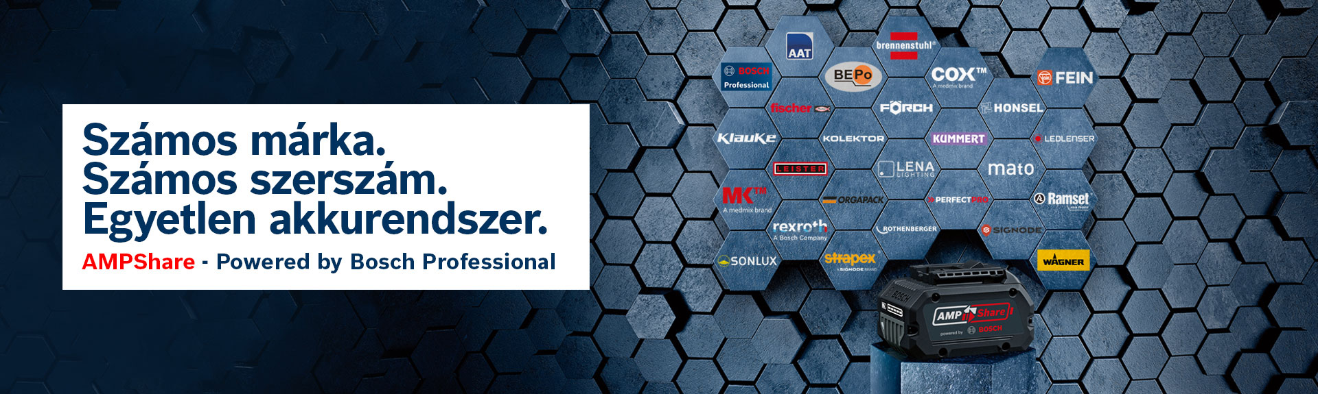Fekete Bosch Professional akkumulátor hatszögletű háttéren.