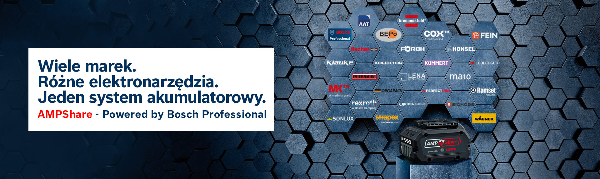 Czarna akumulatorowa bateria Bosch Professional przed heksagonalnym wzorem.