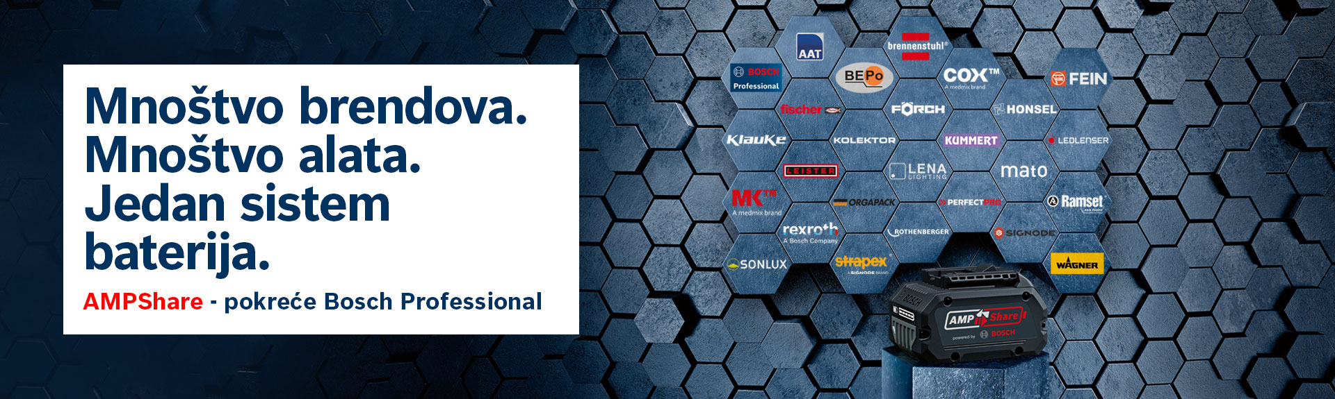 Bosch Professional akumulator i logotipi brendova na heksagonalnoj pozadini.
