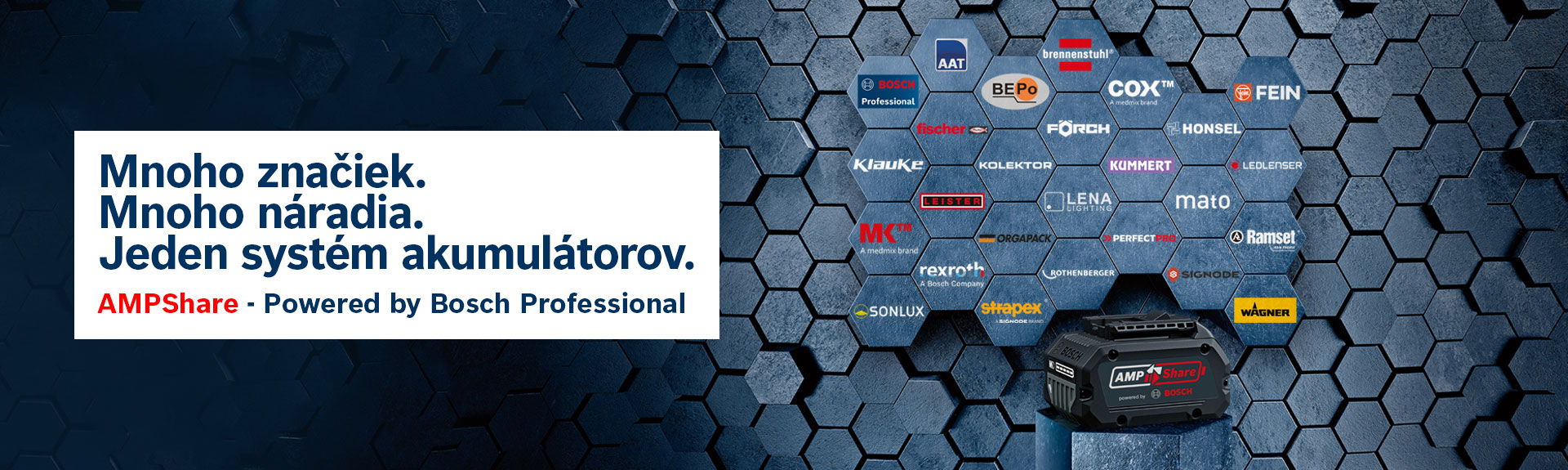 Čierna nabíjacia stanica Bosch Professional pred hexagonálnym pozadím.