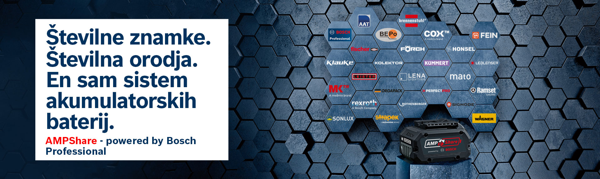 Črna Bosch Professional baterija stoji pred heksagonalno ozadje.