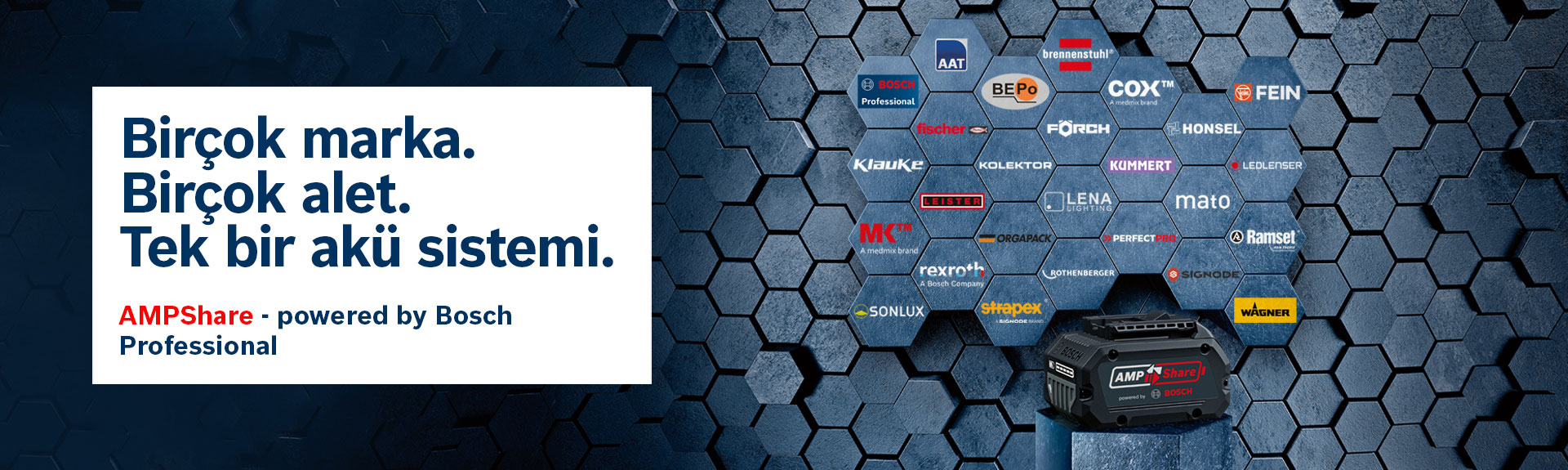 Altıgen arka planda siyah Bosch Professional batarya.