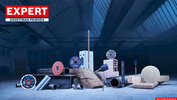 Bosch Professional alati raspoređeni na sivoj podlozi, razni materijali.