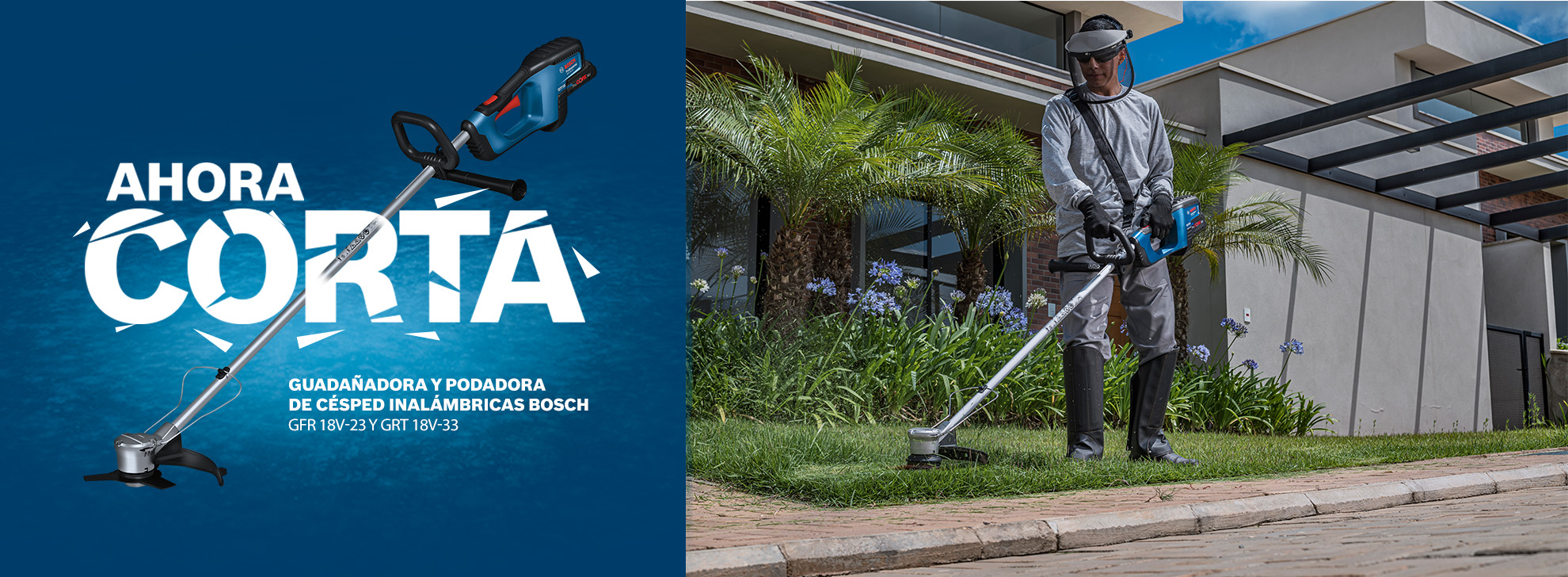 Un hombre con ropa de protección está usando una cortadora de césped Bosch en el jardín.