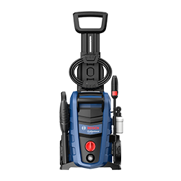 Un limpiador de alta presión Bosch Professional azul con accesorios.