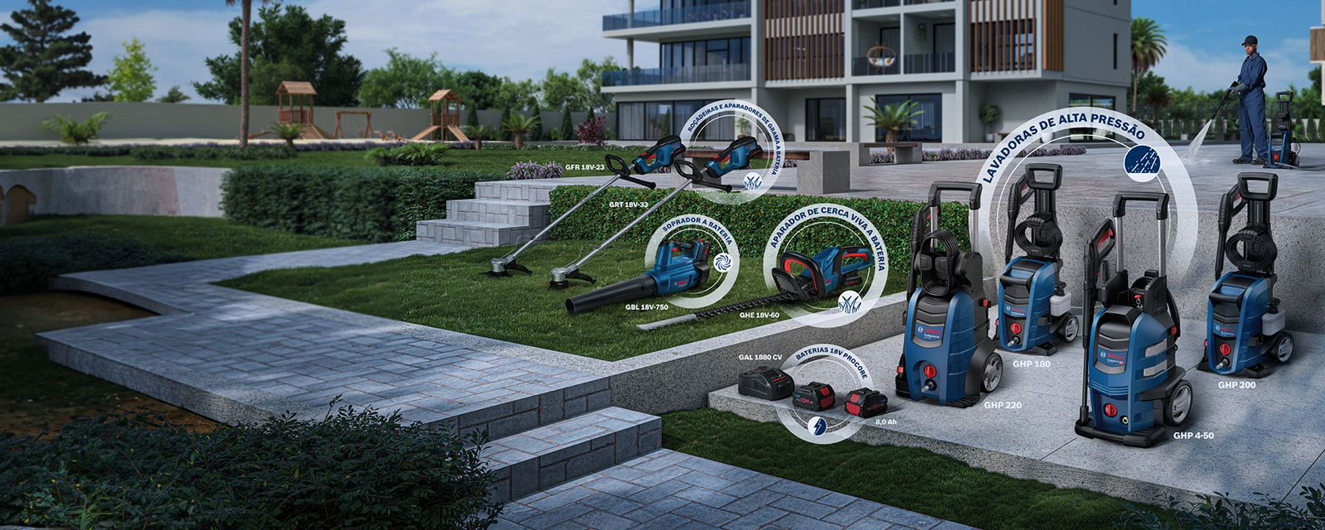 Ferramentas profissionais Bosch no jardim, incluindo um lavador de alta pressão.