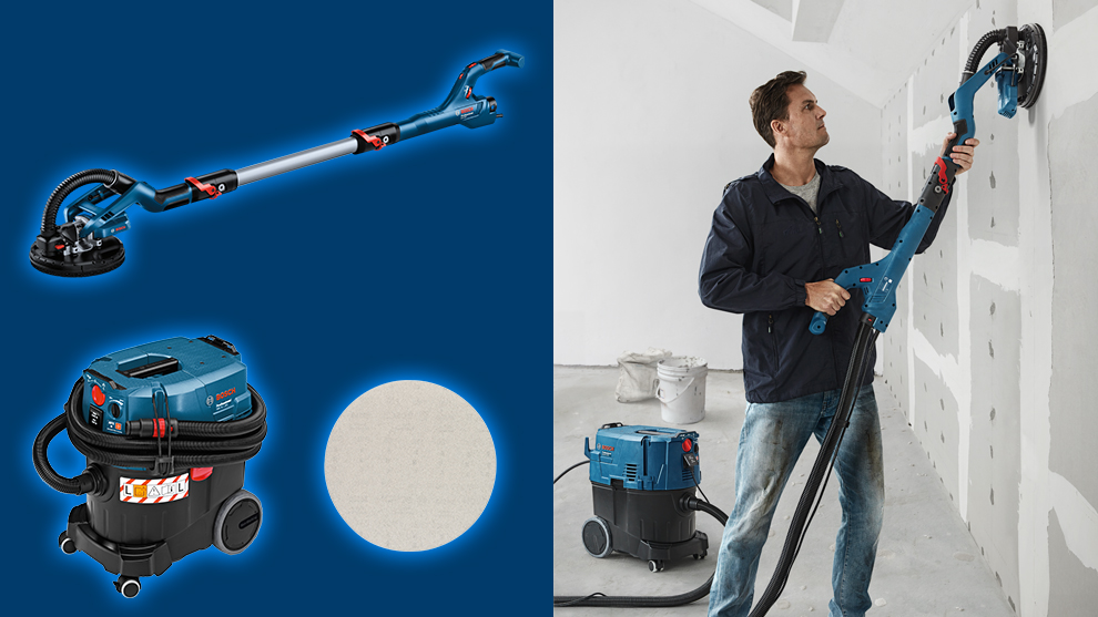 Мужчина использует синий шлифовальный станок Bosch Professional на стене.