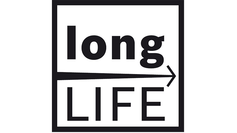 Логотип з текстом 'long LIFE' чорним на білому, стрілка вправо.