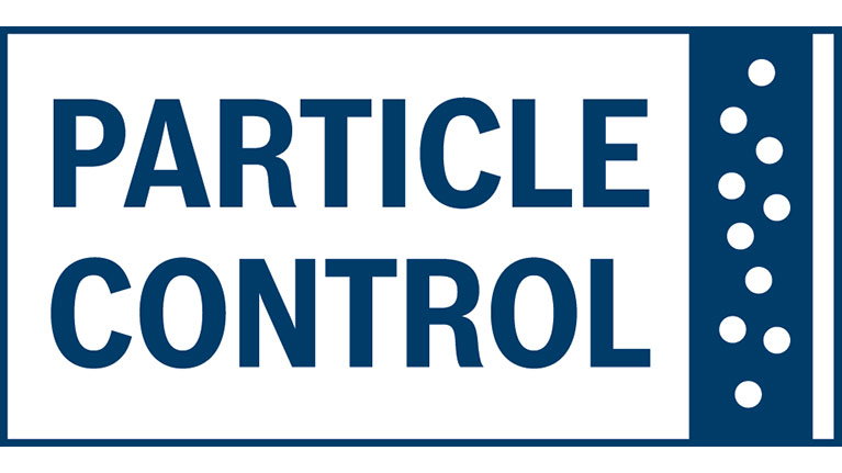 Логотип з текстом «PARTICLE CONTROL» синім на білому фоні.