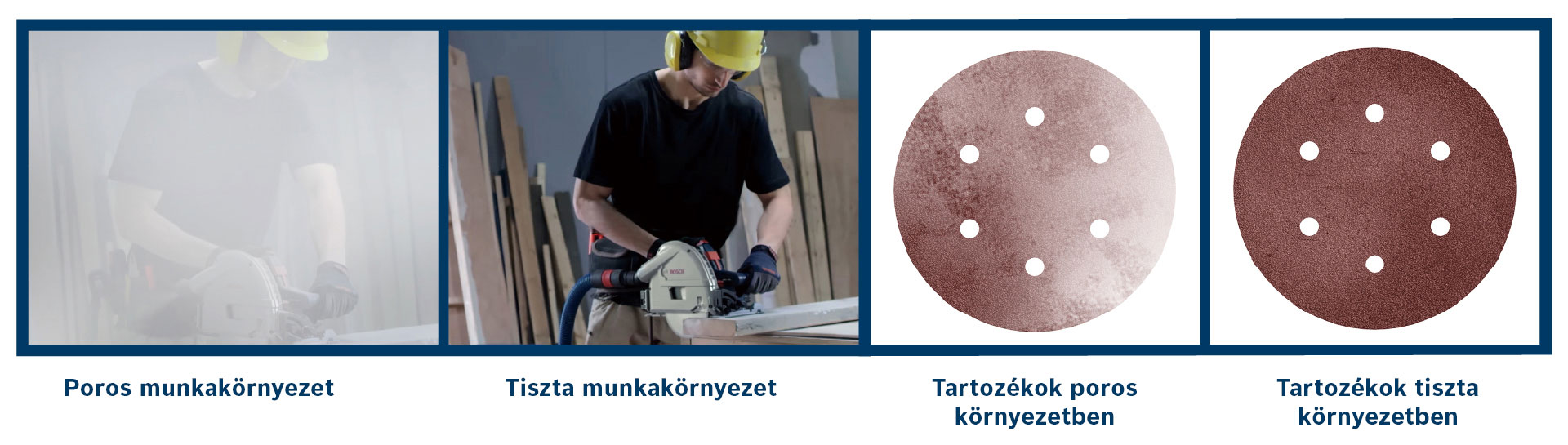 Két férfi Bosch szerszámokkal egy műhelyben, háttérben fával.