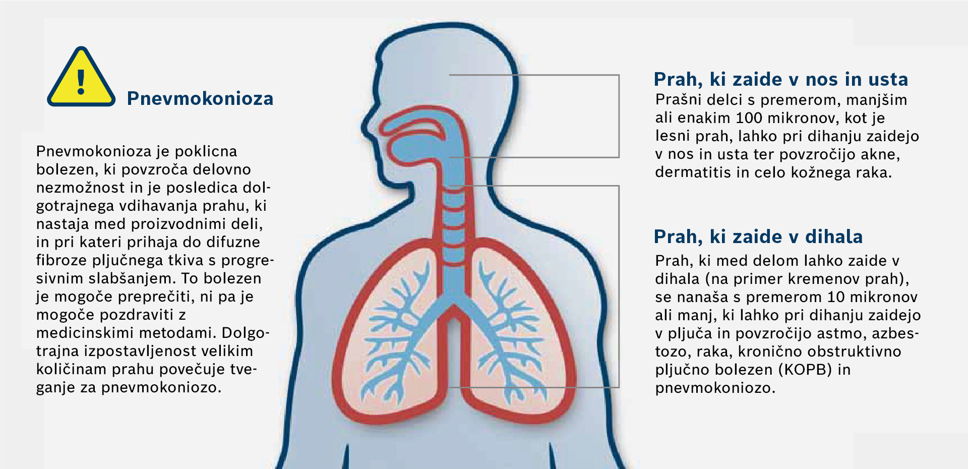 Diagram o pneumokoniozi prikazuje človeške pljuča in dihalne poti.