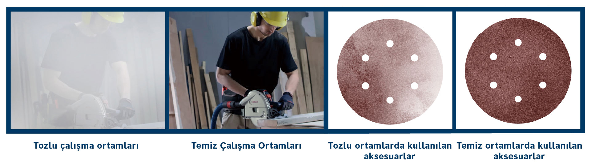 Farklı çalışma ortamlarında iki Bosch aracı, toz ve ahşap.