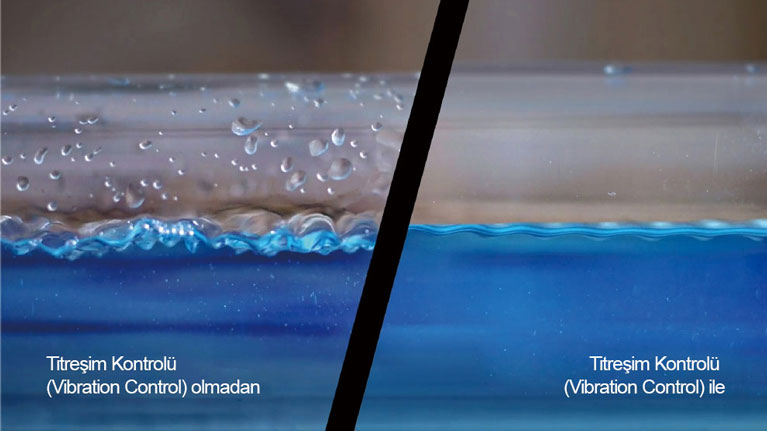 İki su yüzeyi, biri sakin, diğeri dalgalar ve kabarcıklarla.