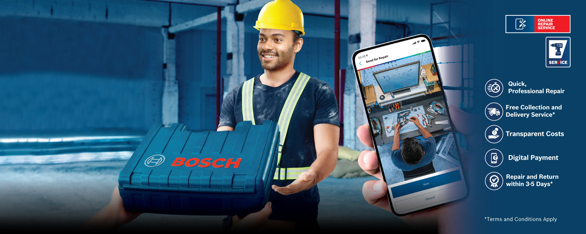 A man with a helmet holds a blue Bosch toolbox in a construction environment.