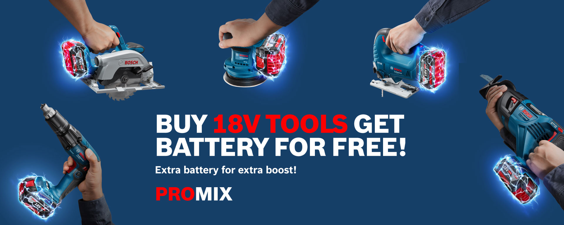 Various Bosch Professional tools with batteries on a blue background.