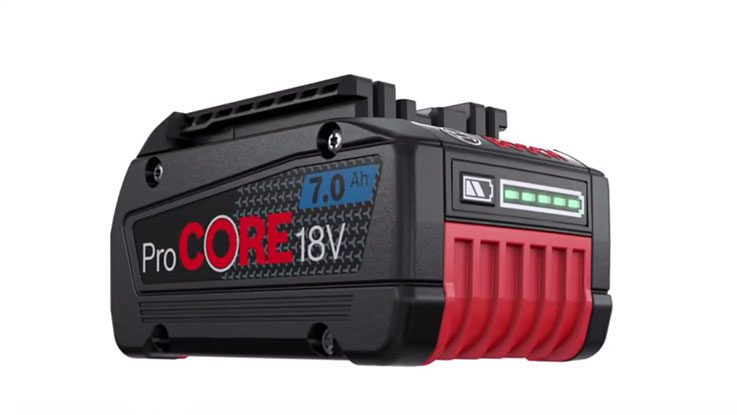 Black Bosch ProCORE 18V battery with red casing and charge indicator.