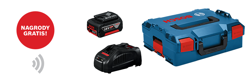 Trzy narzędzia Bosch Professional: walizka, akumulator i ładowarka w niebieskim i czarnym kolorze.