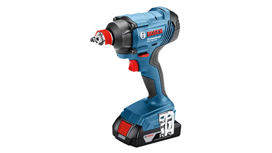 A blue Bosch Professional cordless screwdriver stands on a white background.
