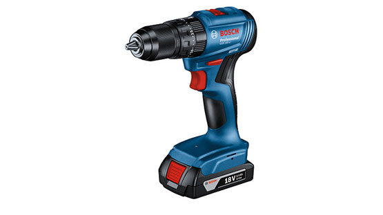 A blue Bosch Professional cordless drill with a black drill head.