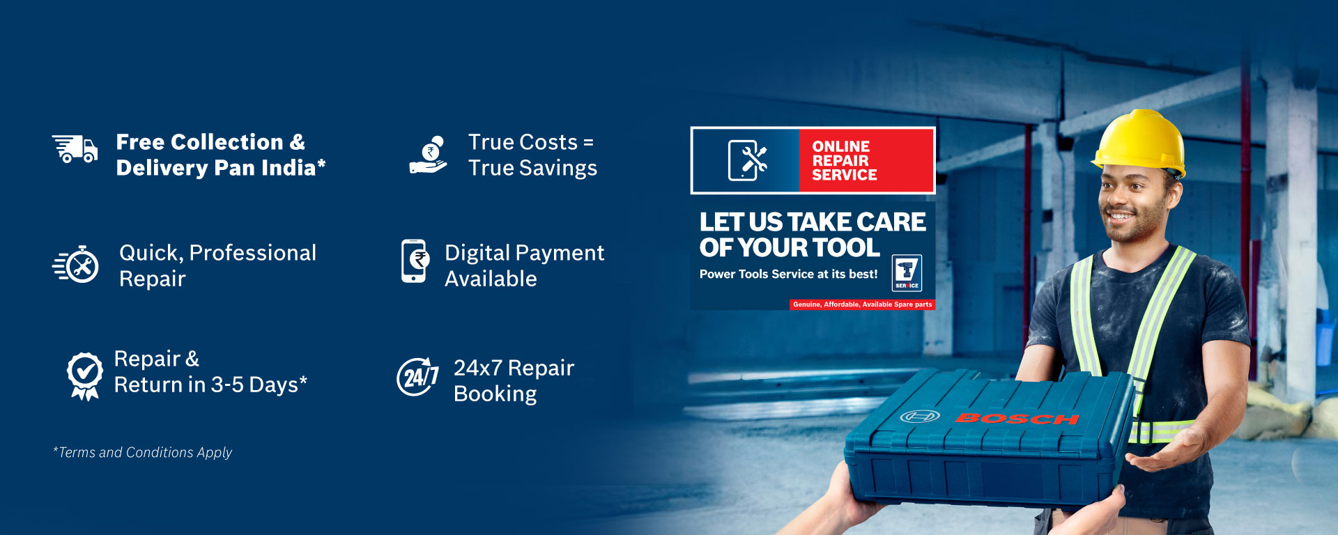 A man with a yellow helmet hands over a blue Bosch toolbox.