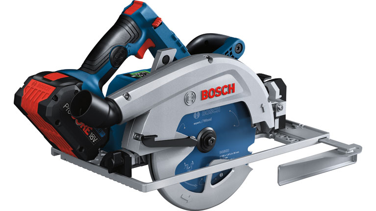 Akumulátorová ruční okružní pila Bosch Professional v modré a šedé barvě.