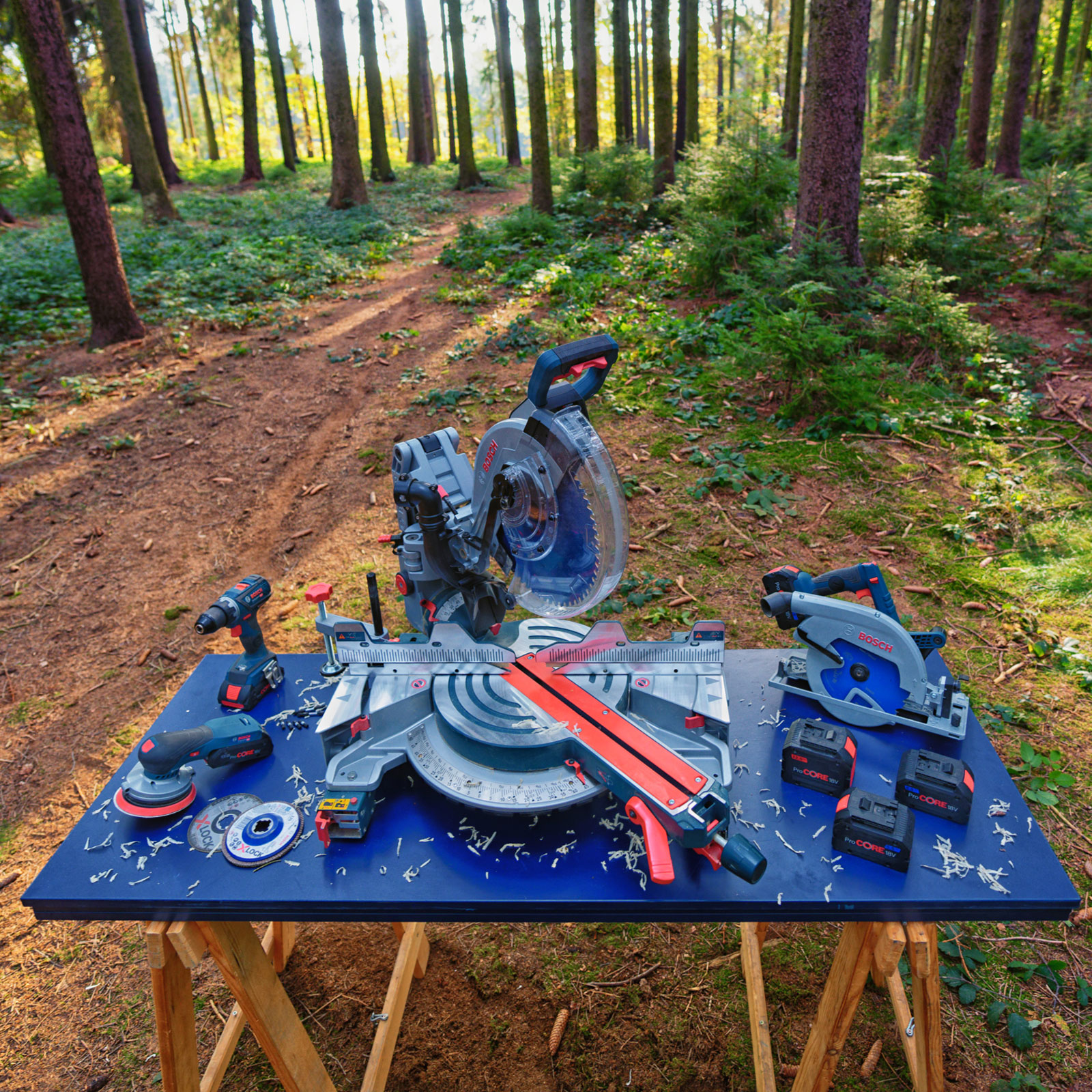 Profesionální nářadí Bosch na stole v lese, včetně kotoučové pily.