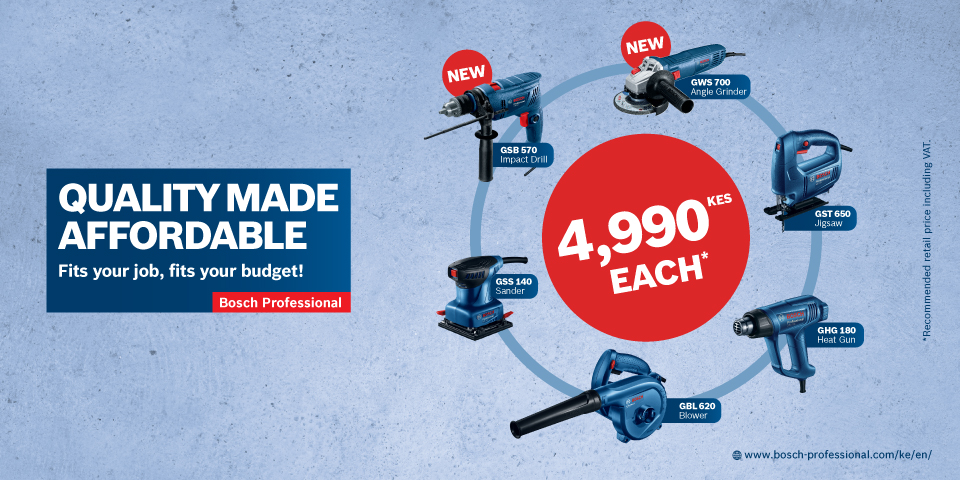 Bosch Professional tools in blue, price 4,990 KES, on a gray background.