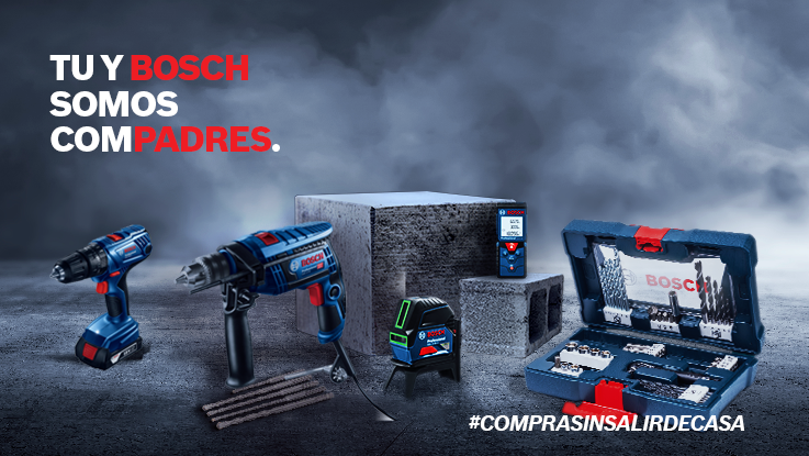 Herramientas profesionales Bosch sobre fondo gris, incluyendo taladros y dispositivos de medición.