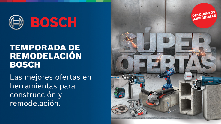 Herramientas y ofertas de Bosch sobre un fondo gris, bloques de concreto visibles.