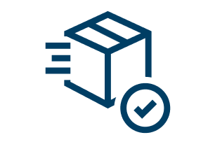 A stylized package with motion lines and a checkmark next to it, all in blue color.