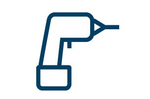 Graphic of a blue cordless screwdriver with a pointed drill at the front.