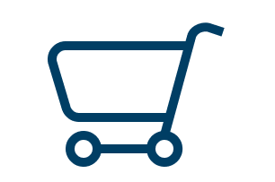 A simple blue shopping cart on a white background, with two round wheels.