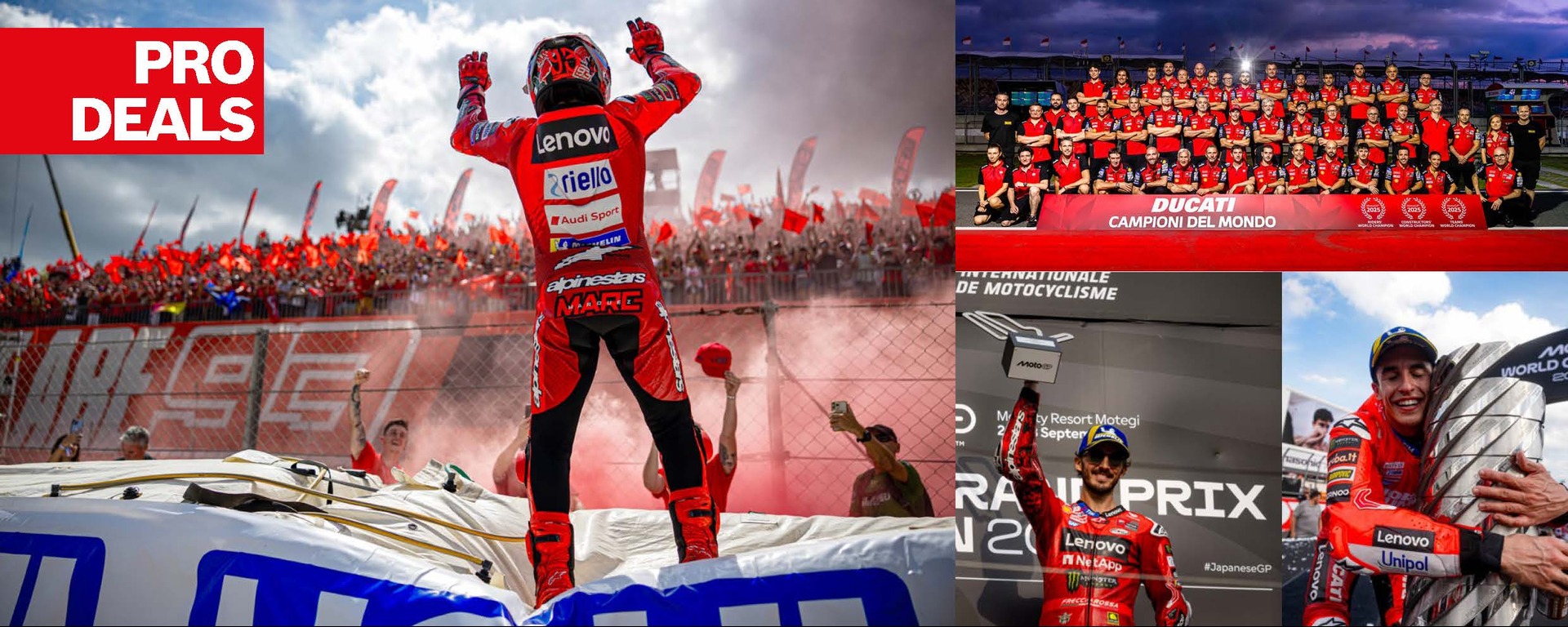 Un motociclista in abbigliamento da corsa rosso esulta con le mani alzate davanti a una folla festante. Sullo sfondo si vedono bandiere rosse e un'atmosfera festosa. Accanto, foto di gruppo dei membri del team di gara in magliette rosse e trofei.