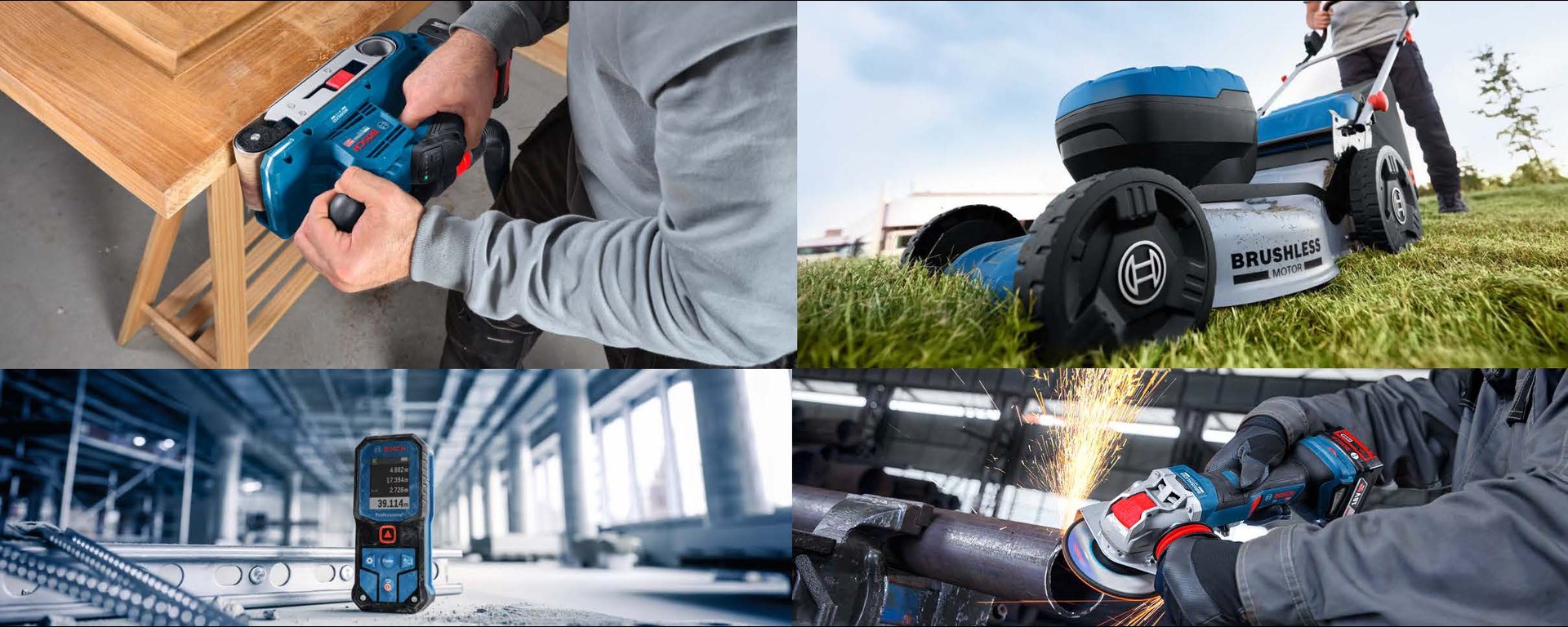 Quattro immagini mostrano attività artigianali: In alto a sinistra, un pezzo di legno viene lavorato con una macchina blu. In alto a destra, un tosaerba blu si trova su un prato verde. In basso a sinistra, un misuratore digitale è posato su un tavolo in una stanza luminosa. In basso a destra, un pezzo di metallo viene lavorato con una macchina rotante, scintille volano.