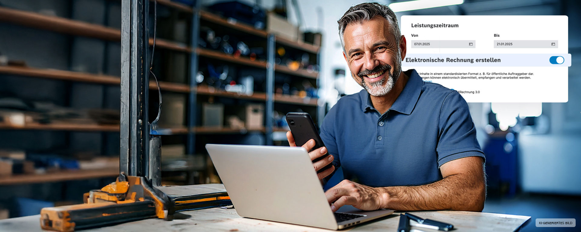 Ein Mann mit grauen Haaren lächelt, während er an einem Laptop arbeitet und ein Smartphone hält.