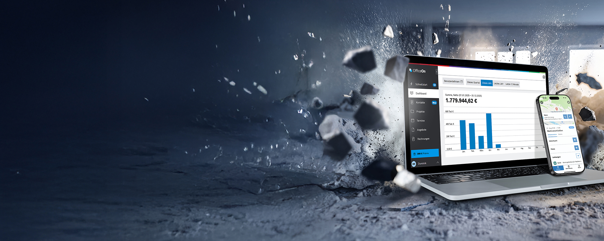 Ein offenes Laptop zeigt Grafiken und Daten auf dem Bildschirm, umgeben von zerbrochenen Steinfragmenten.