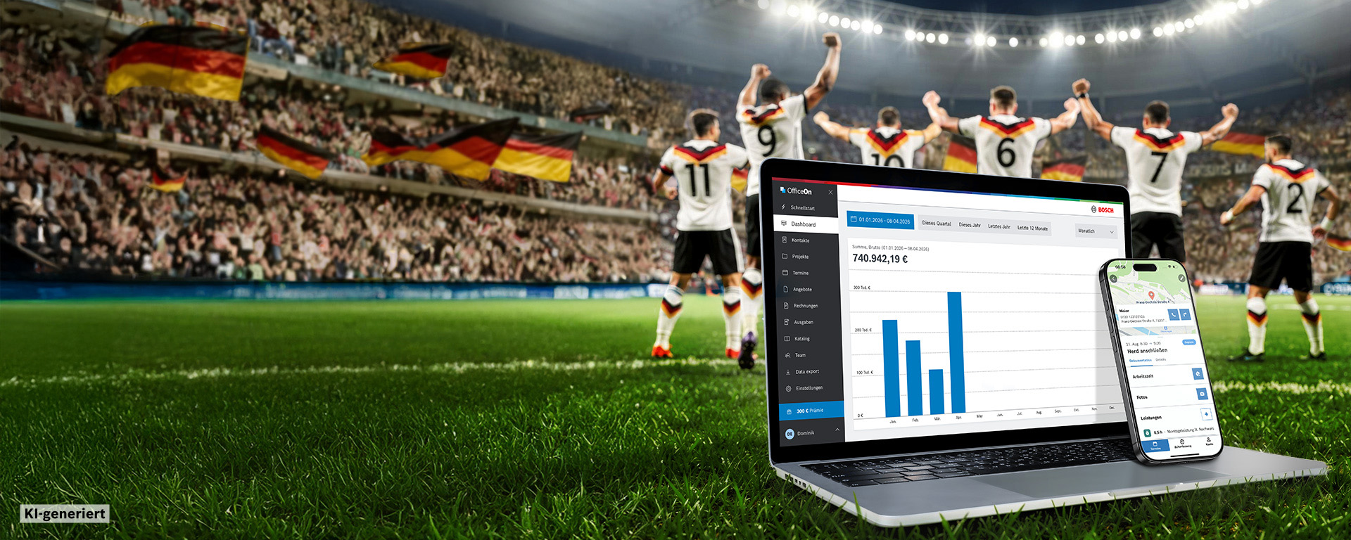 Ein Laptop und ein Smartphone zeigen Statistiken, während jubelnde Fußballfans im Hintergrund stehen.
