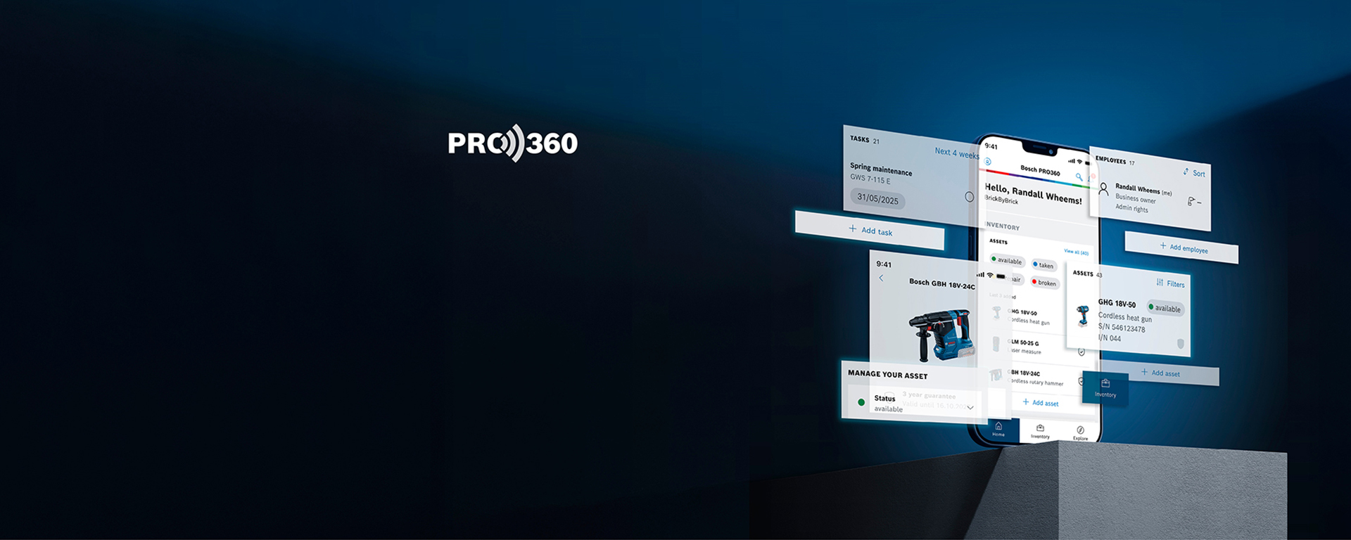 Prikaz ekrana pametnog telefona prikazuje korisnički interfejs Bosch PRO 360 aplikacije. Na ekranu su prikazane informacije o zadacima, zaposlenima i dostupnoj Bosch GSR 18V-60 akumulatorskoj bušilici. Aplikacija ima moderan, minimalistički dizajn sa belim i plavim elementima na tamnoj pozadini. Ekran je postavljen pod uglom kako bi se naglasila interaktivnost.