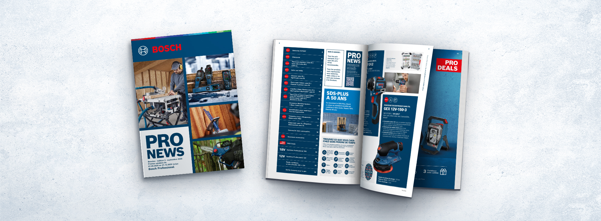 Brochure Bosch Professional avec images d'outils et offres sur les pages.
