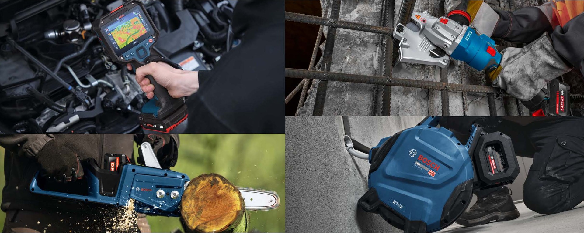 Un'immagine quadrata mostra diversi strumenti Bosch Professional: in alto a sinistra una camera termica in una mano, in alto a destra un tagliabordi blu, in basso a sinistra una motosega a batteria blu che taglia legno, e in basso a destra un avvitatore a batteria blu utilizzato da una persona in abbigliamento da lavoro.
