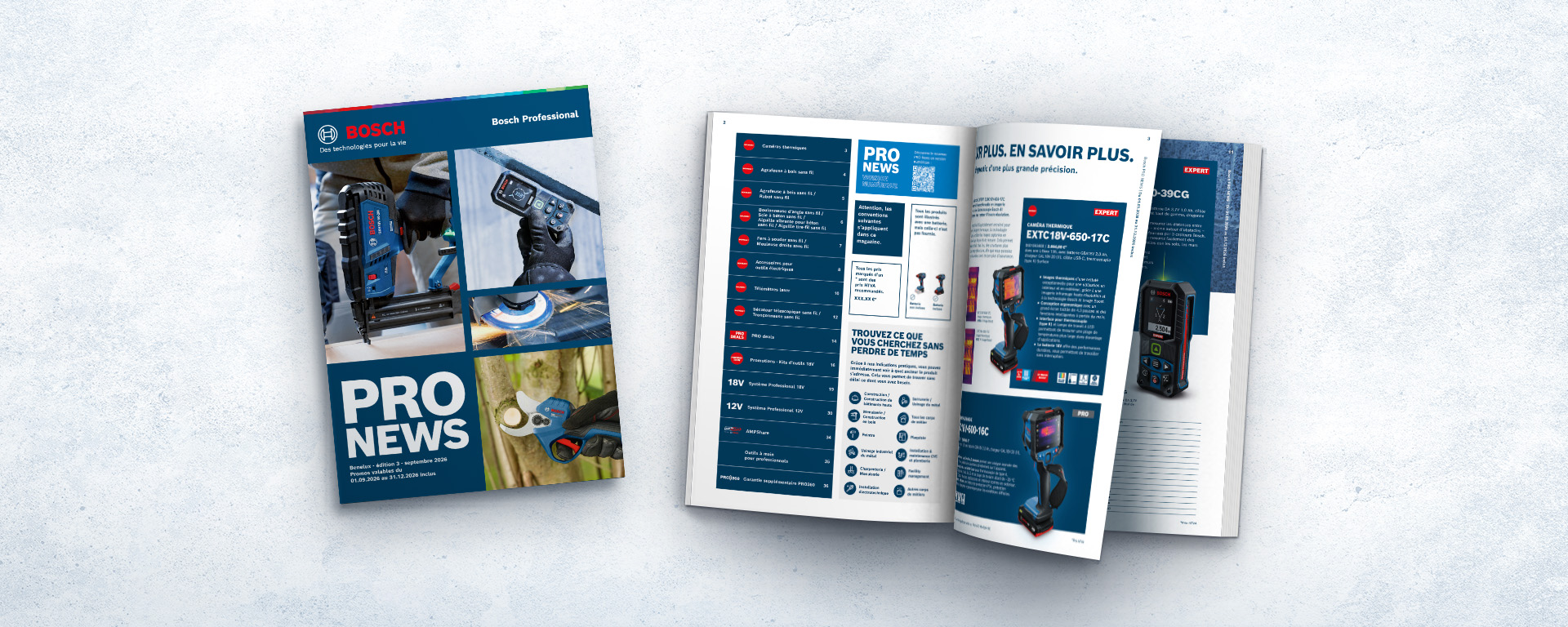 Une brochure ouverte de Bosch Professional avec des images d'outils et des informations sur les produits, sur fond clair.