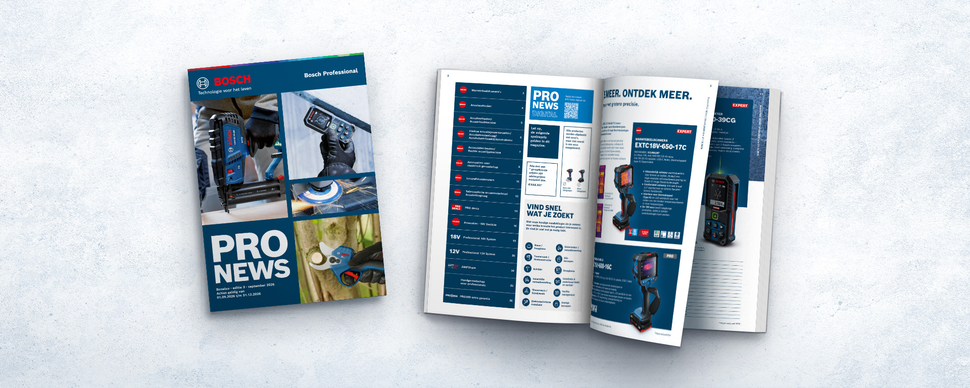 Twee brochures van Bosch Professional liggen op een lichte achtergrond, de ene geopend en de andere gesloten.