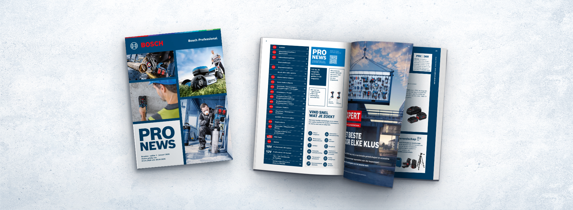 Een open handboek met een blauwe en rode omslag, afbeeldingen van gereedschap en accessoires, tekst op witte pagina's.