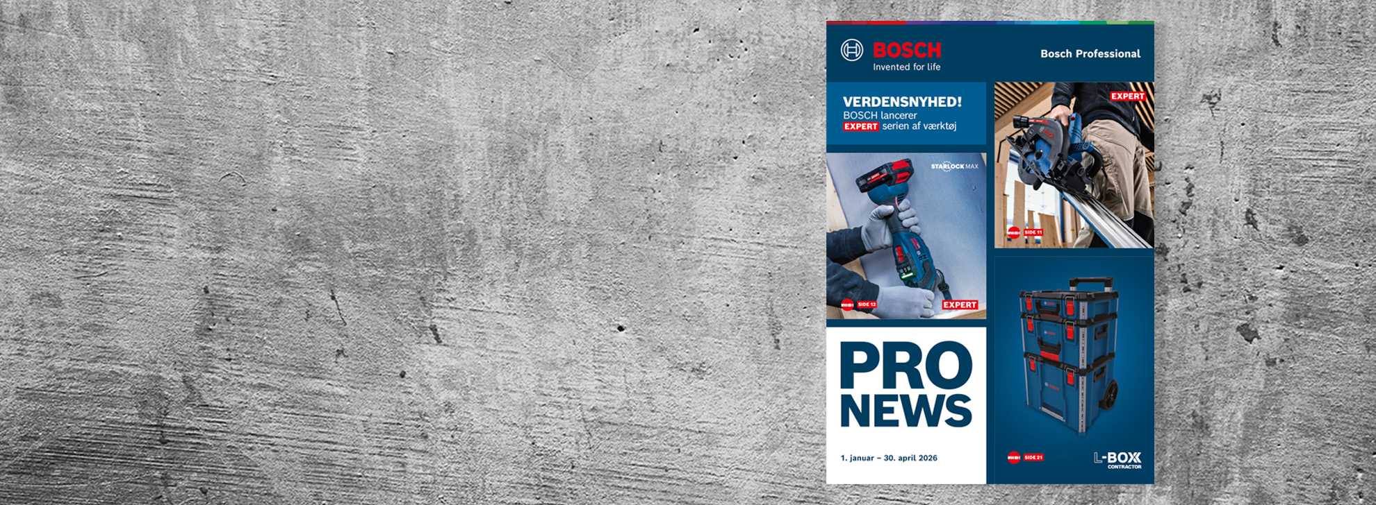 Et reklameflyer fra Bosch viser forskellige værktøjer på en grå baggrund. Øverst til venstre står der "PRO NEWS". Værktøjerne er rød-blå og er arrangeret på et bord. Nederst ses en værktøjskasse.