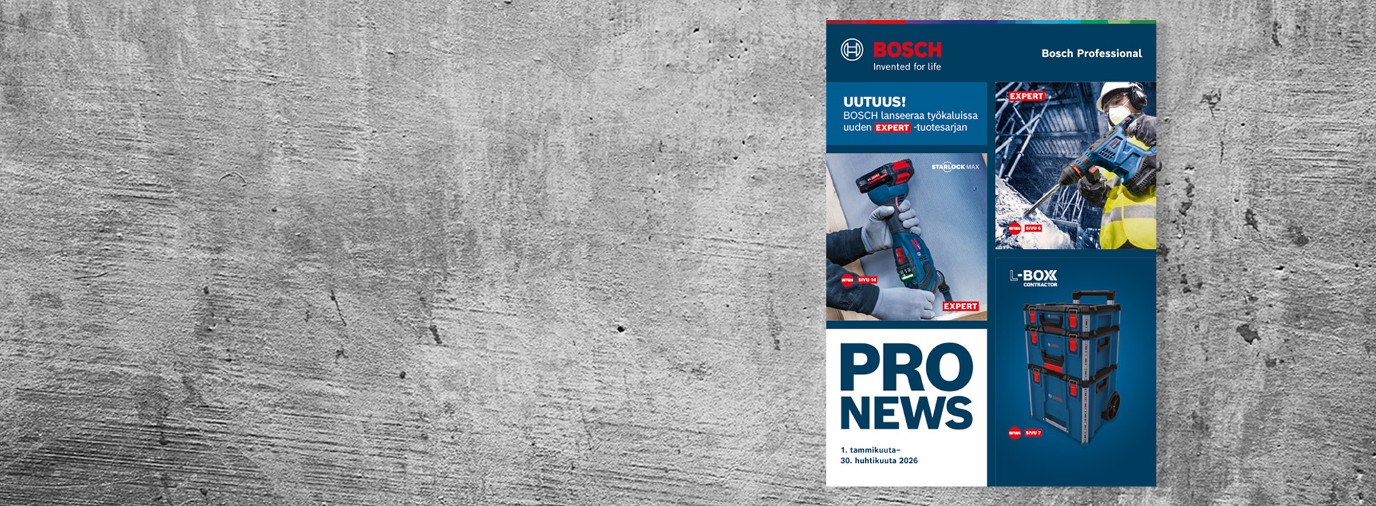 Harmaa seinä taustalla, jossa on Boschin mainoslehtinen työkaluista ja laatikoista.