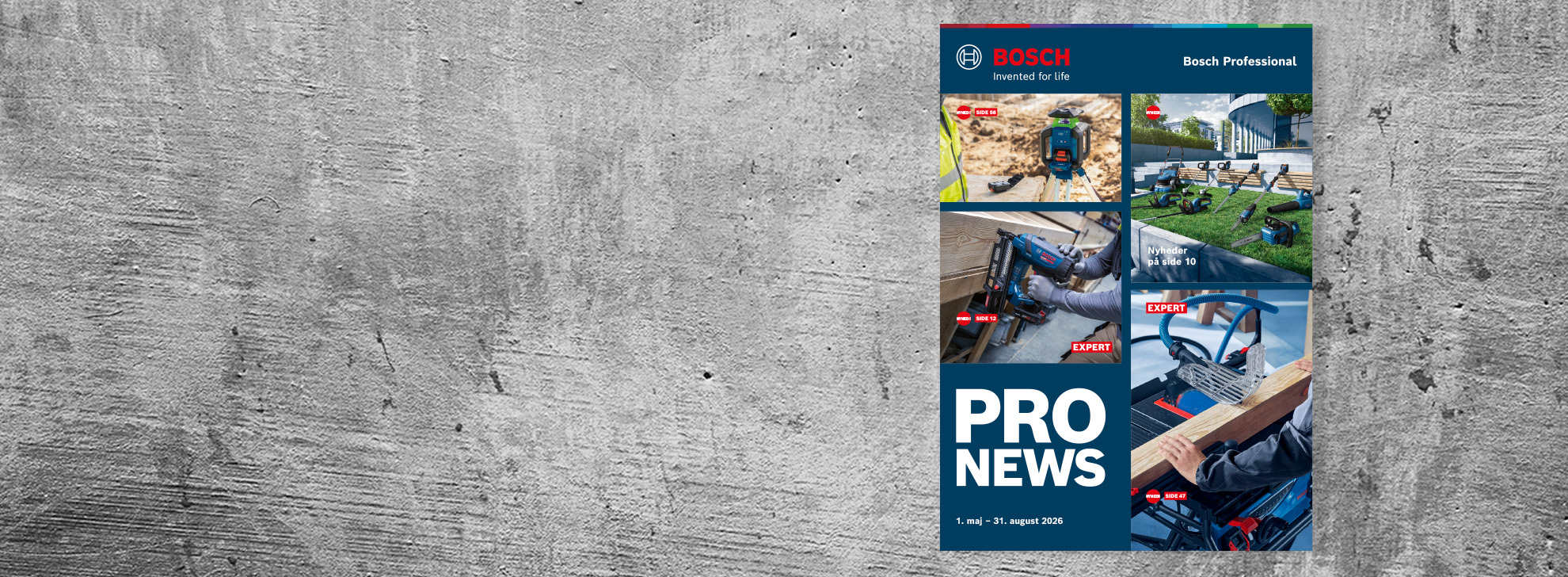 En katalog fra Bosch Professional viser forskellige værktøjer i brug, omgivet af en grå baggrund.