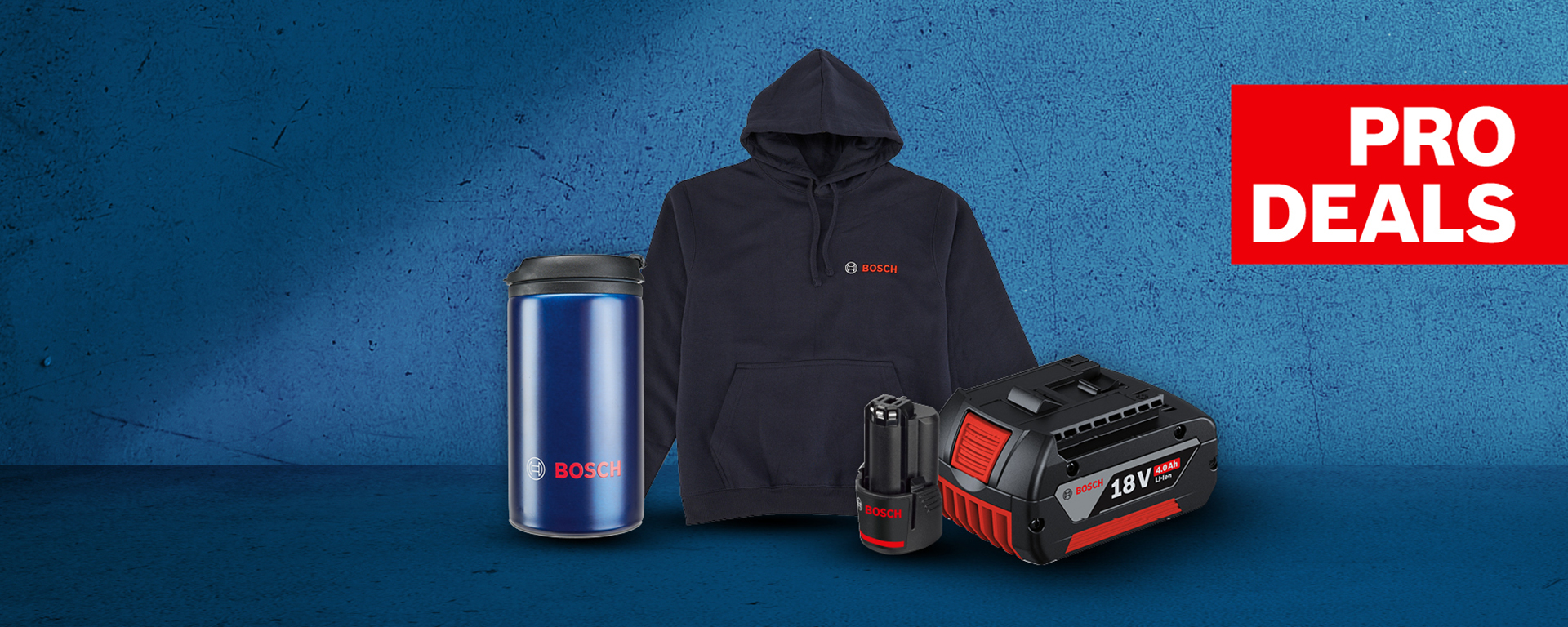 Sinine Bosch termokruus, kapuutsiga särk ja aku sinisel taustal.