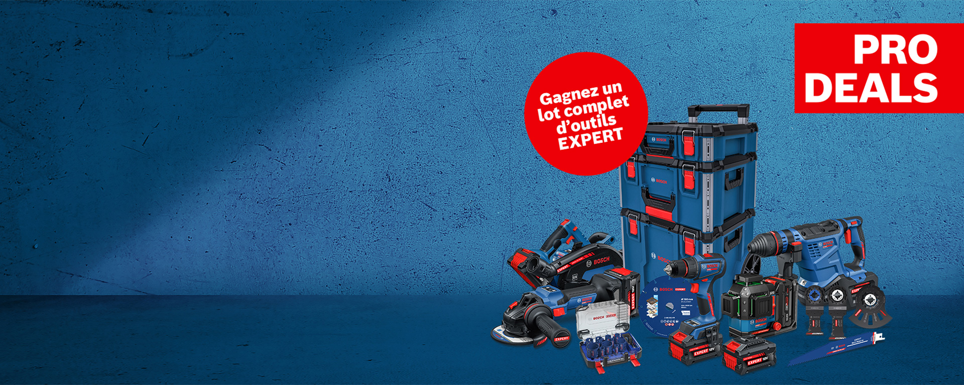 Une disposition d'outils Bosch Professional bleus sur un fond gris, y compris une mallette et des machines.