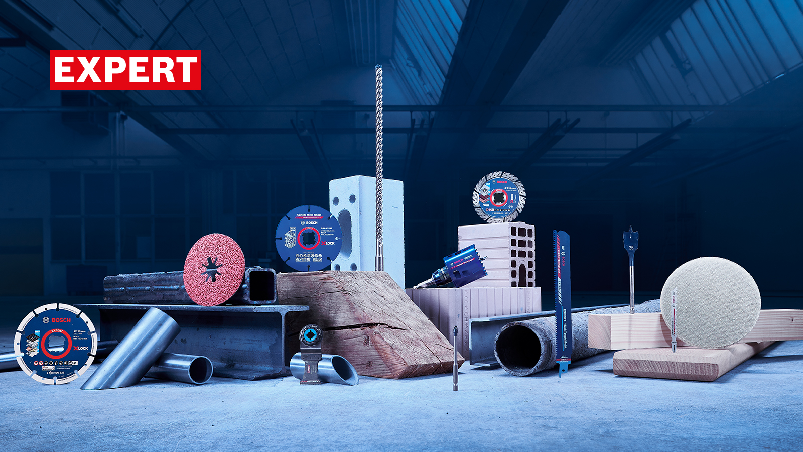 Bosch Professional tools, various materials, gray and blue, workshop.