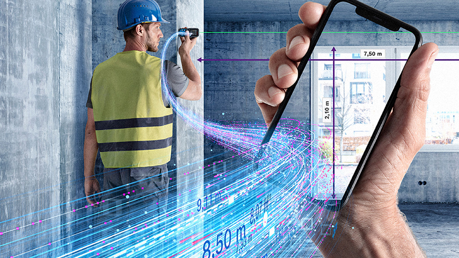 A worker in a yellow vest measures with a smartphone in a room.